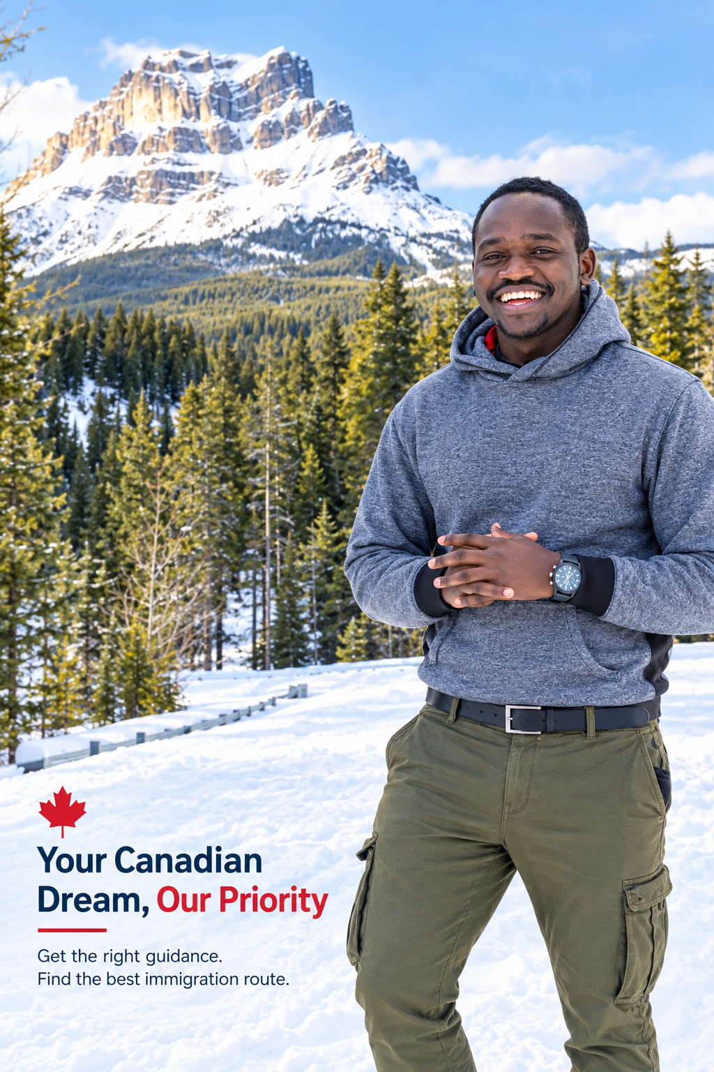 Isaac, founder of WindyCity Immigration Buddy, in a Canadian mountain landscape